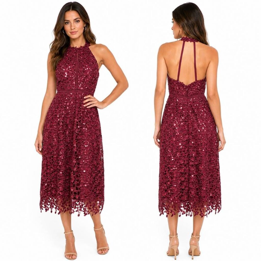 Boston Proper Red Sequin Lace Halter Dress 6